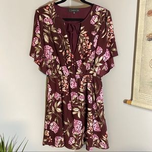 Adelyn Rae Burgundy Floral Tie Neck Wrap Dress